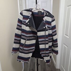 Zara Trafaluc Striped Moto Jacket Leather Accents Frayed Hem Boho Aztec Tribal